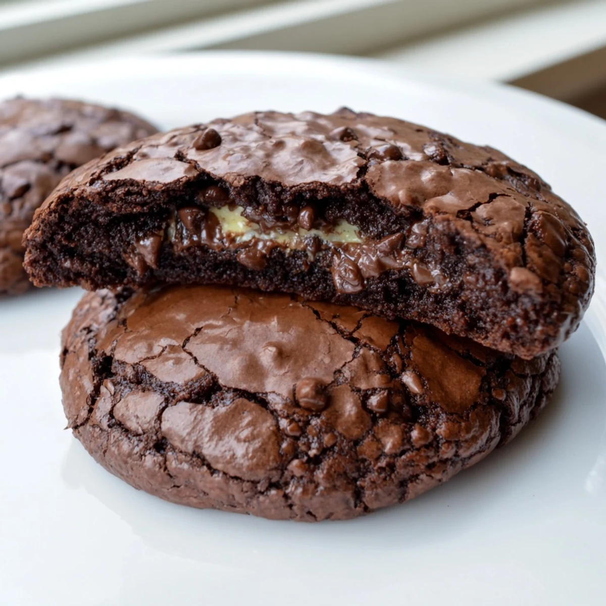 Crackly topped fudgy brownie cookies stuffed with cookie dough cut to reveal gooey center
