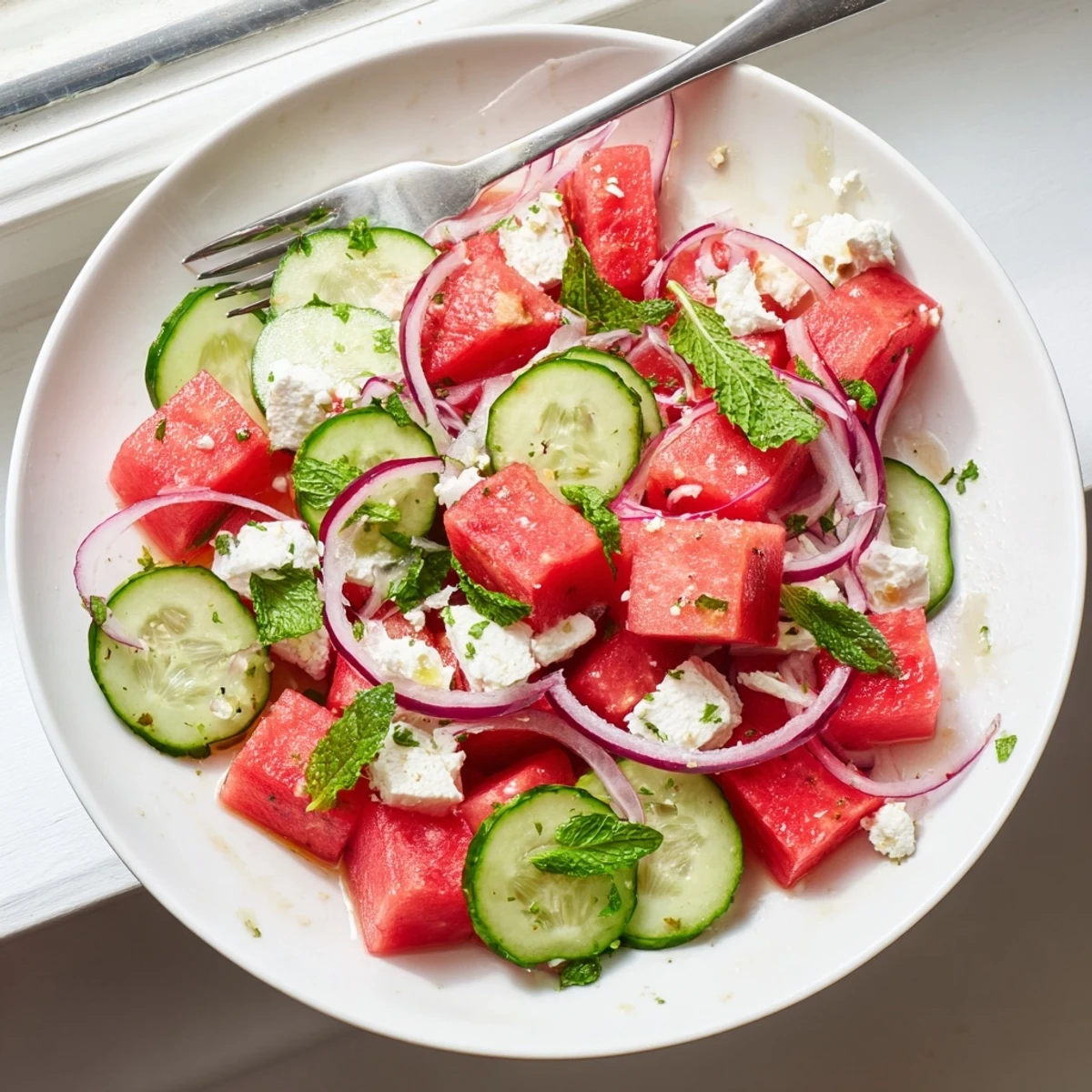 Watermelon feta salad in a white bowl garnished with fresh mint leaves