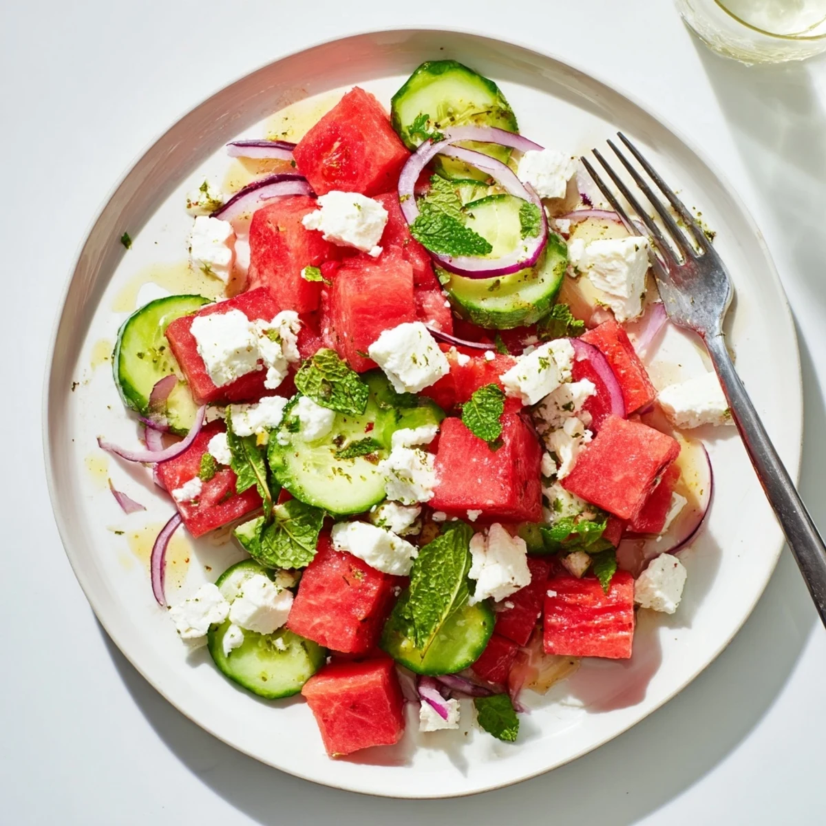 Juicy watermelon cubes and creamy feta cheese tossed with crisp cucumber slices