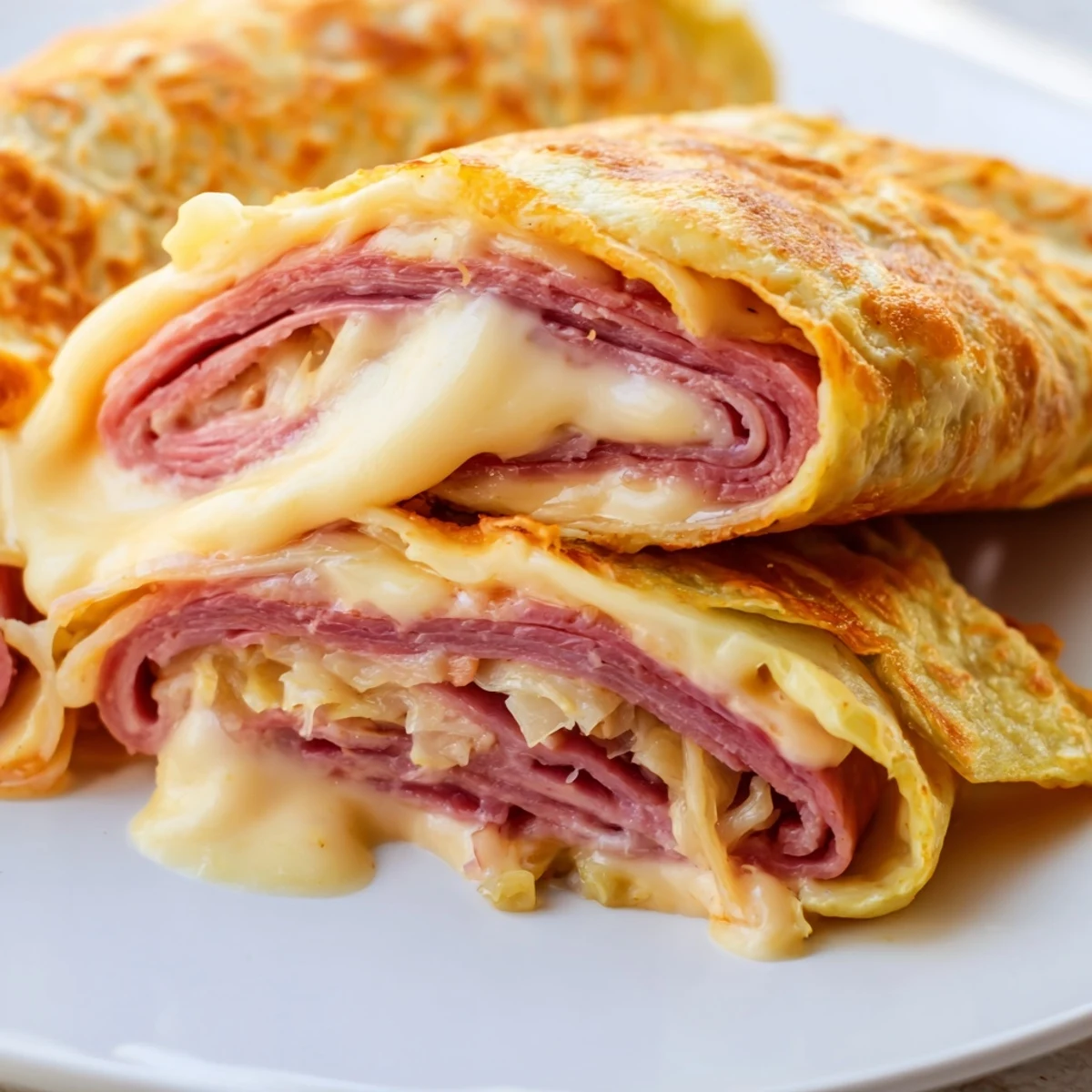 Golden low carb Reuben egg roll ups filled with melty Swiss cheese and savory corned beef