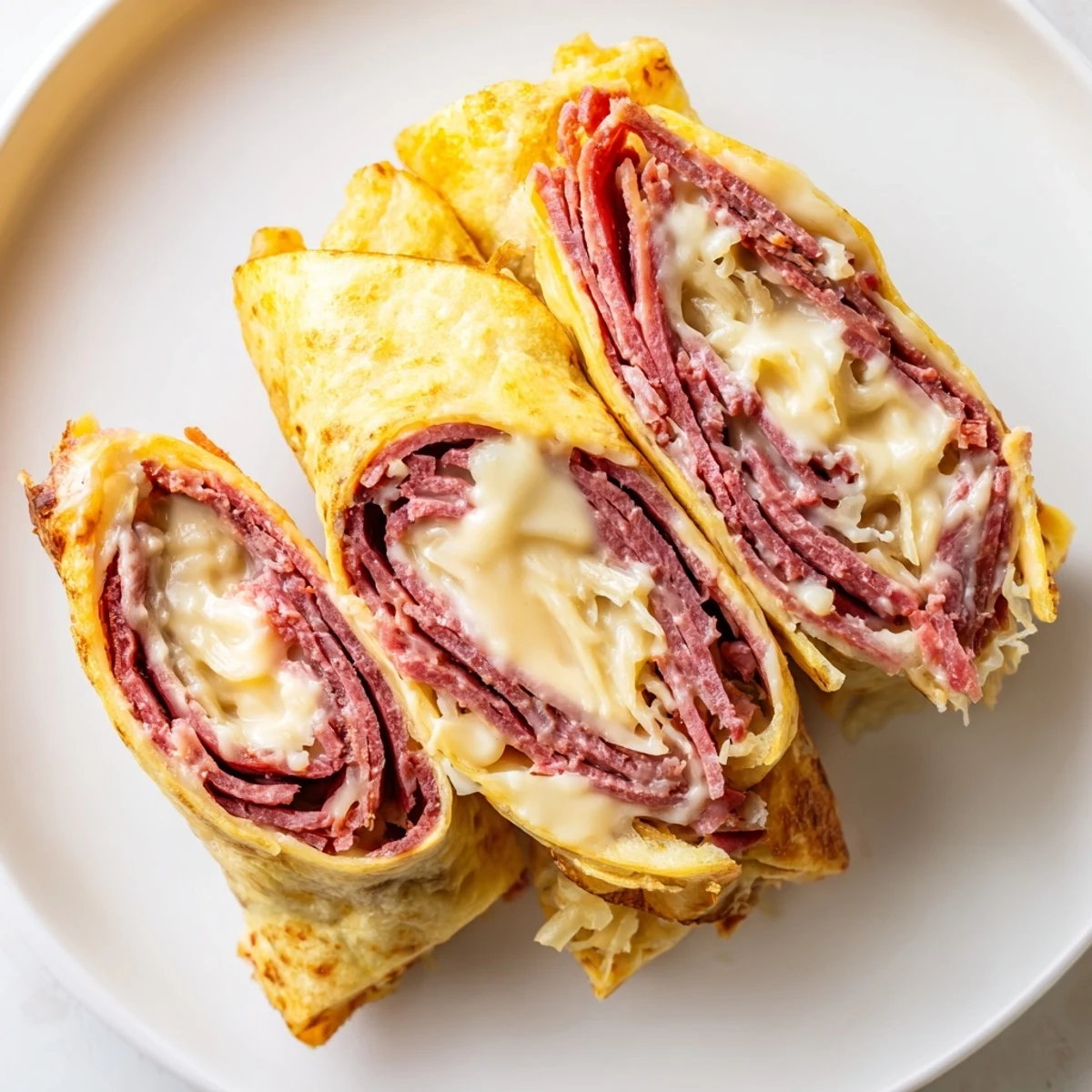 Tender egg wrapped low carb Reuben egg roll ups with tangy sauerkraut and creamy dressing