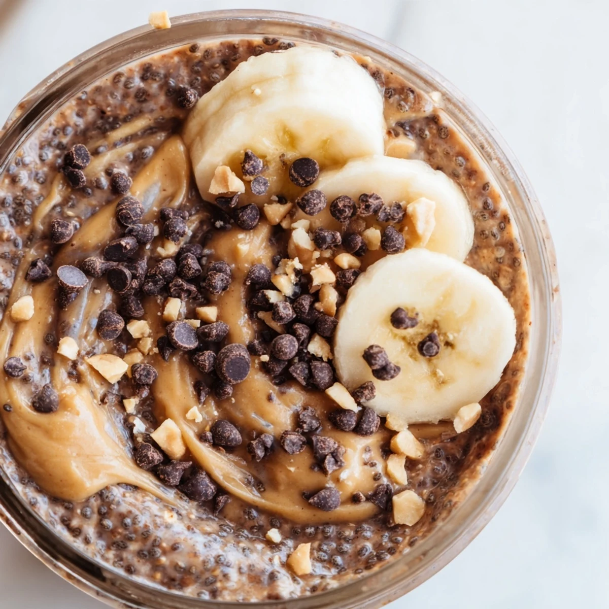 Creamy chocolate peanut butter overnight oats topped with chocolate chips in a mason jar