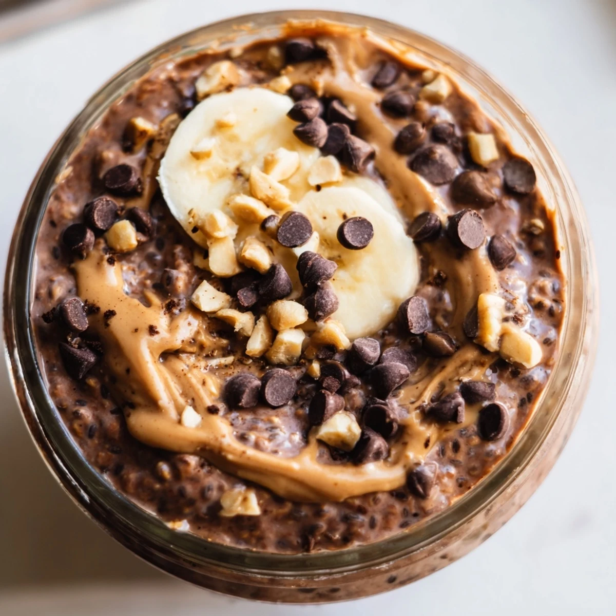 Rich chocolate peanut butter overnight oats garnished with chopped peanuts and chocolate chips