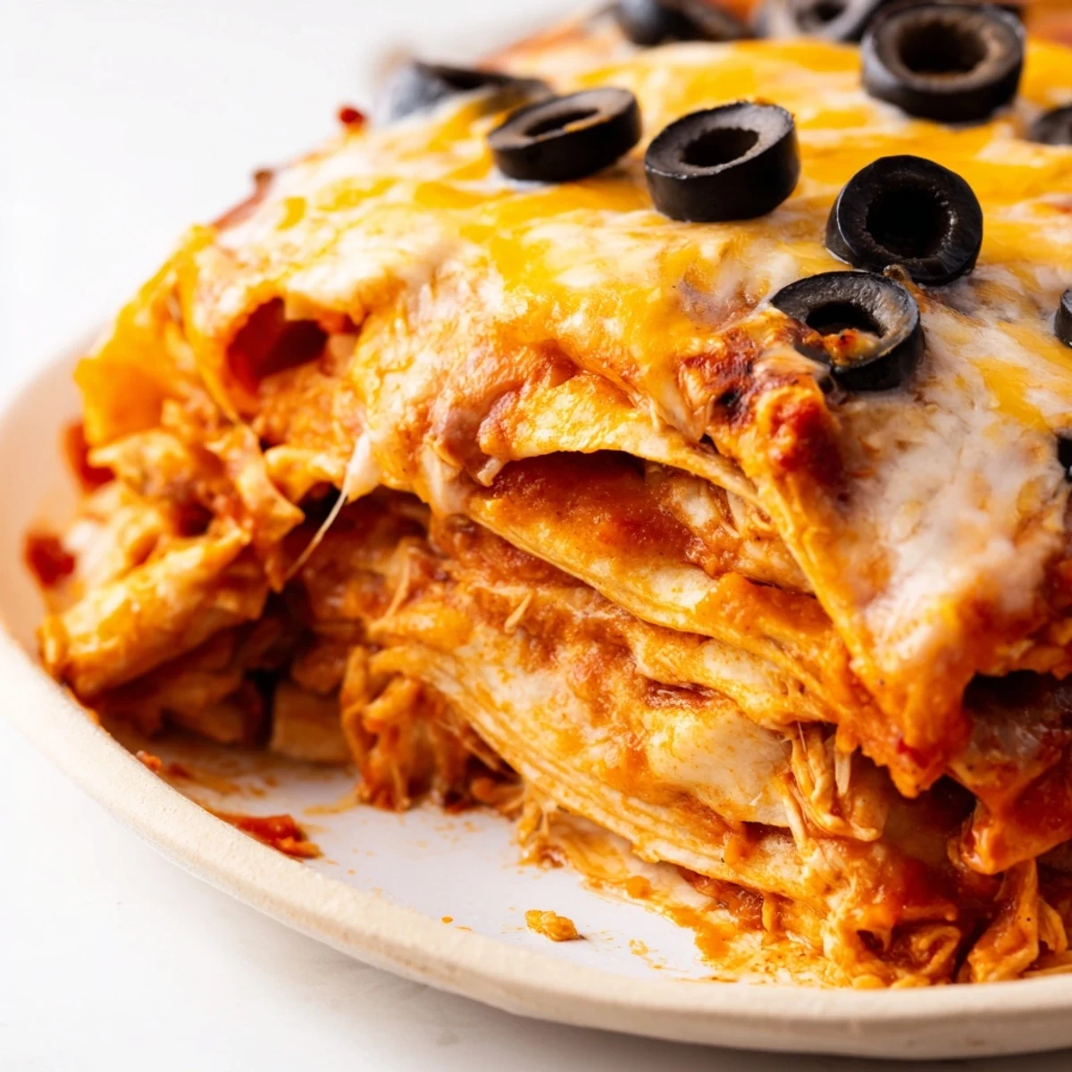 Golden melted cheese tops this Cheesy Shredded Chicken Enchilada Bake with fresh cilantro garnish