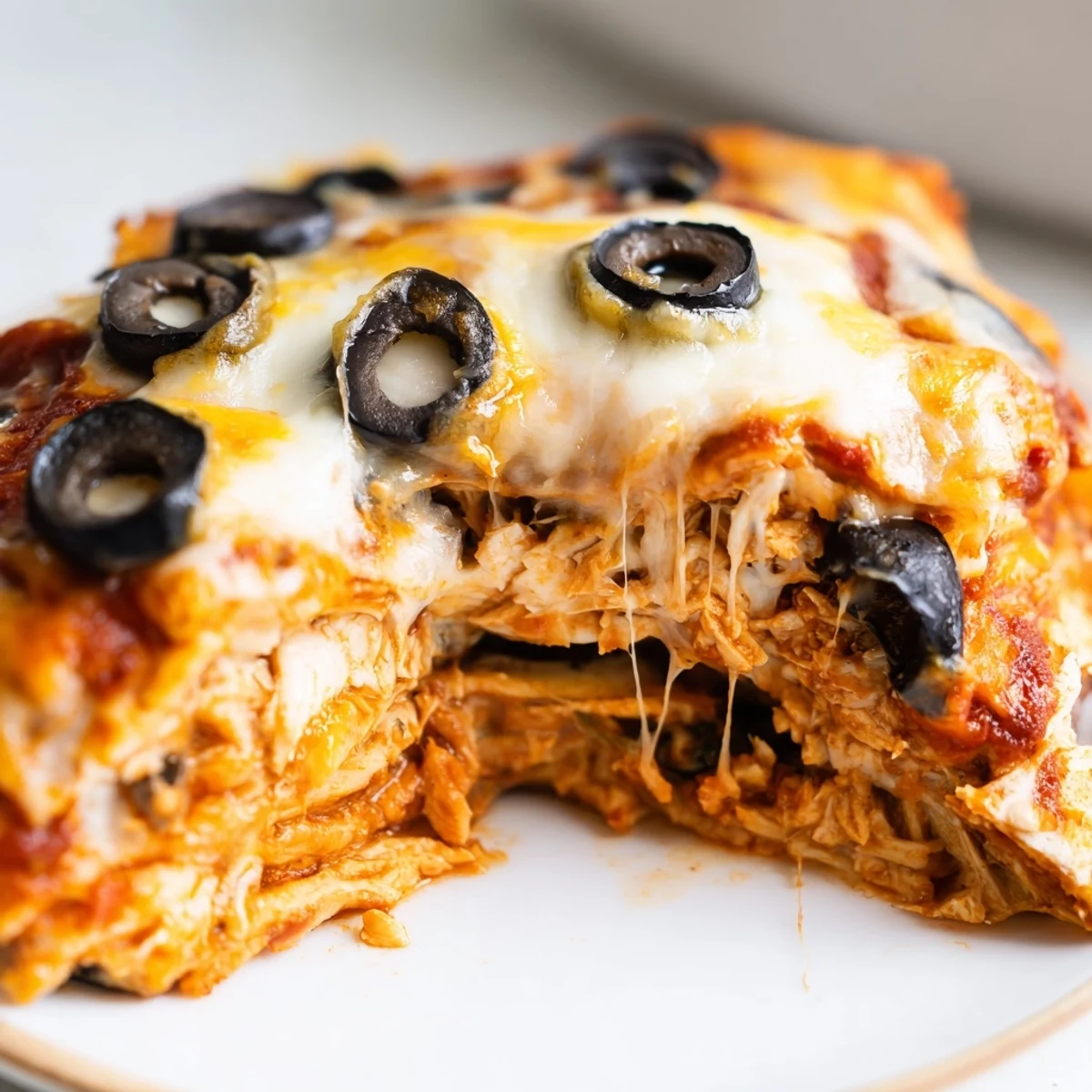 Bubbling Cheesy Shredded Chicken Enchilada Bake served warm with creamy avocado and lime wedges