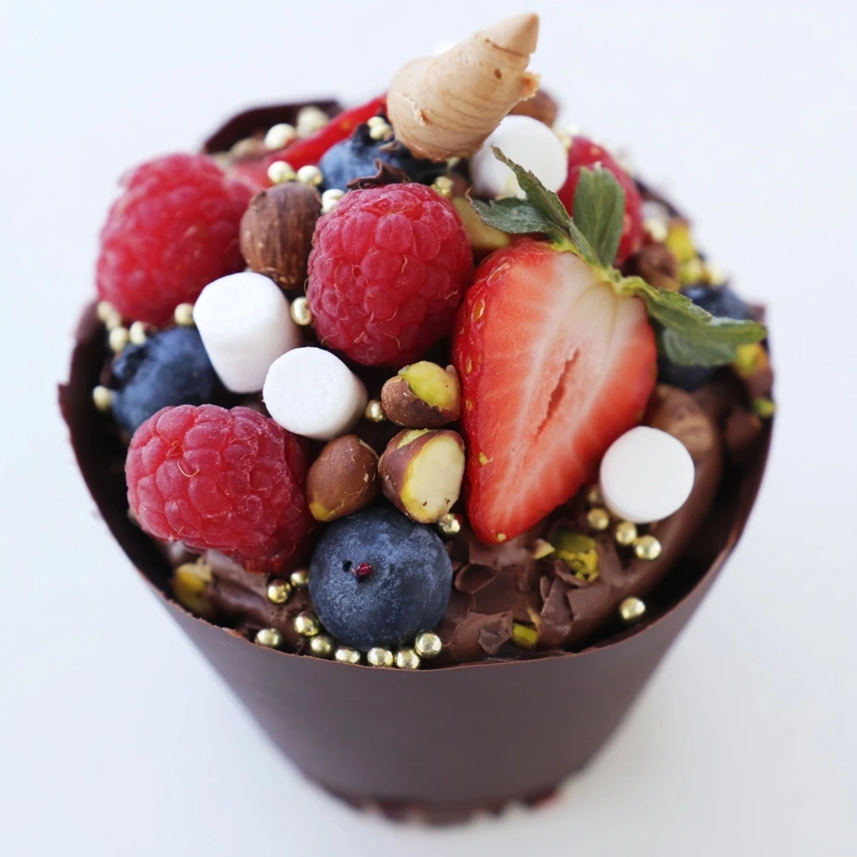 Decadent chocolate grazing cups filled with silky mousse and crowned with fresh berries