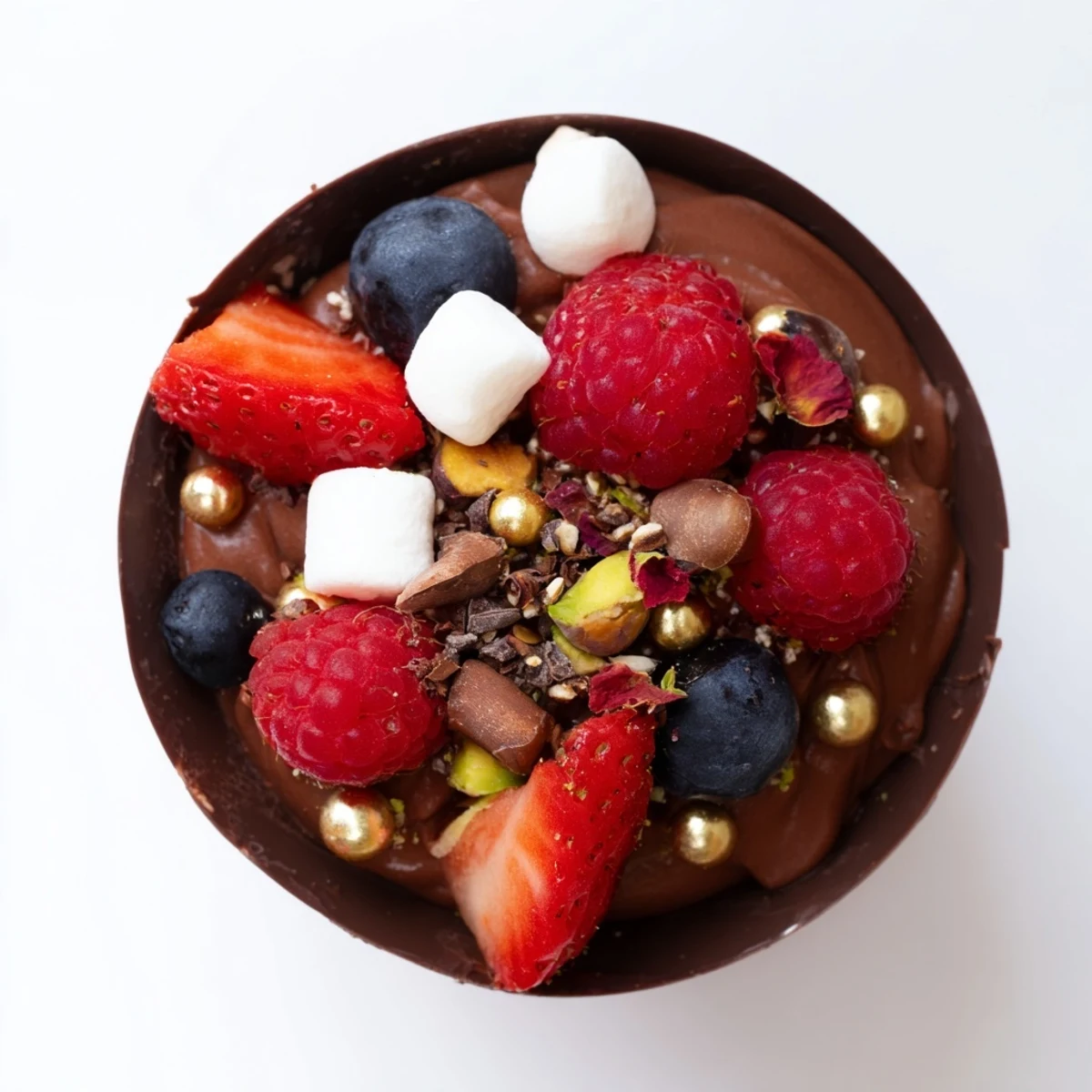 Rich chocolate mousse cups topped with vibrant berries and crunchy nuts