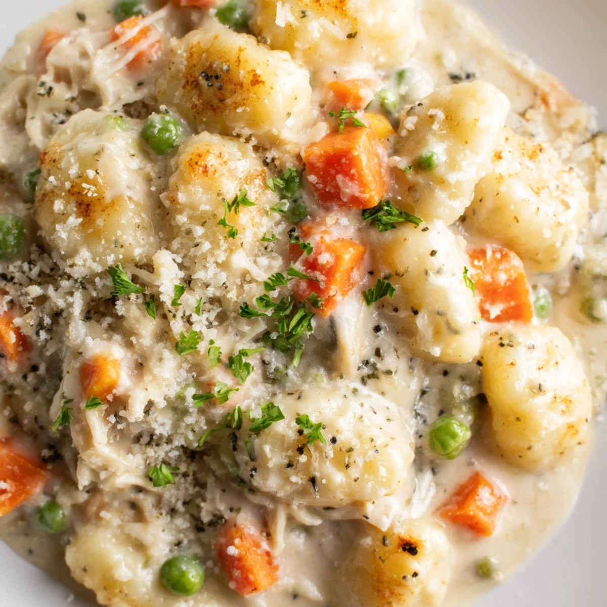 Creamy One Pot Gnocchi Chicken Pot Pie with tender vegetables in a golden skillet