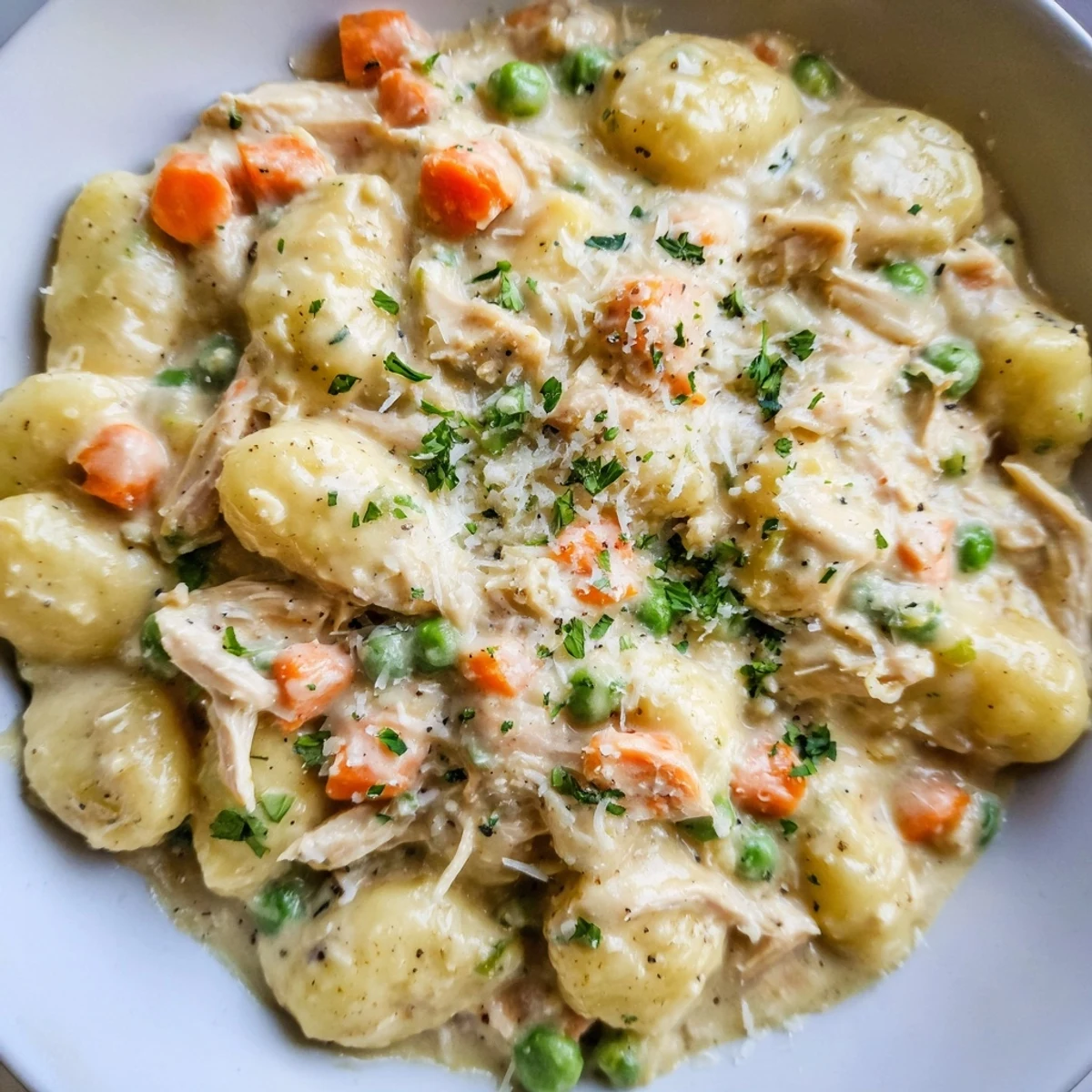 One Pot Gnocchi Chicken Pot Pie bubbling with pillowy dumplings and savory sauce