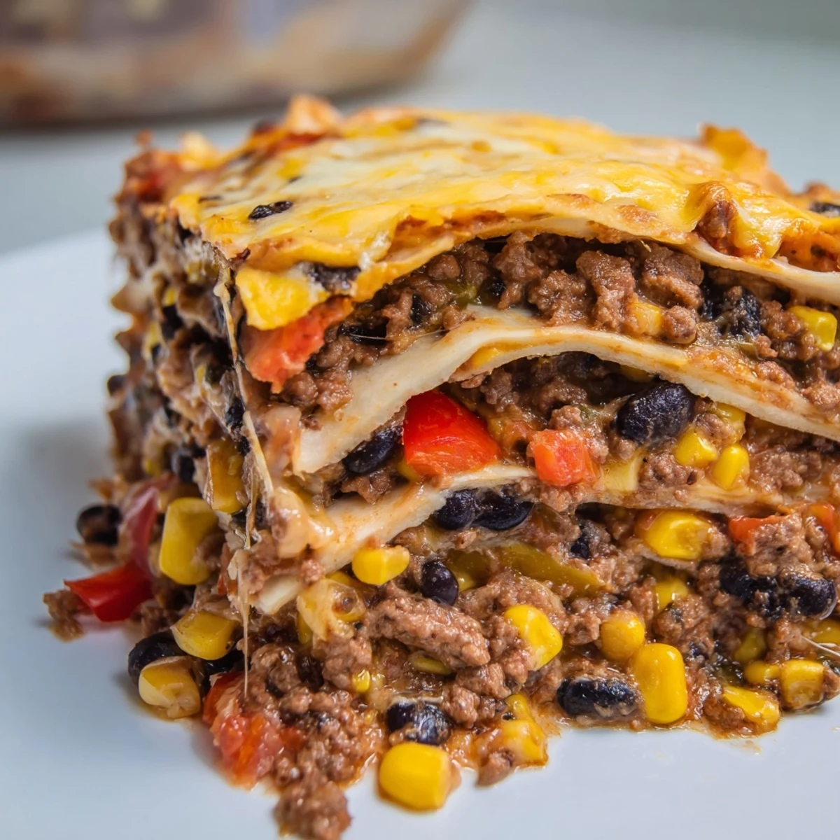 Golden bubbling Mexican lasagna with layers of seasoned beef, beans, and melted cheese fresh from oven.