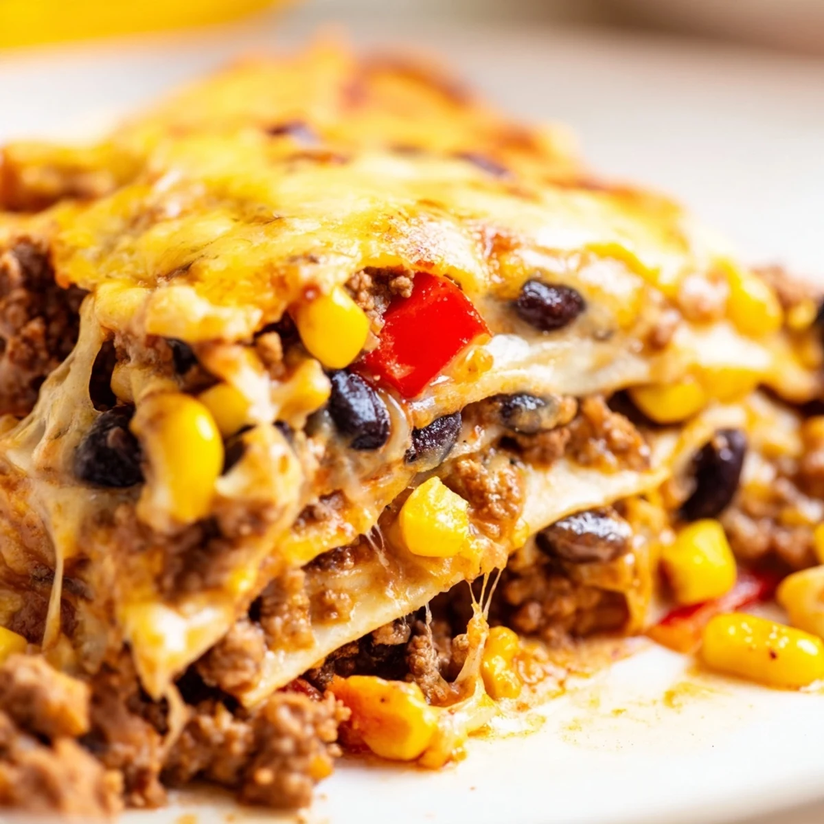 Warm Mexican lasagna slice revealing stacked tortillas, spicy beef filling, and gooey melted cheese.