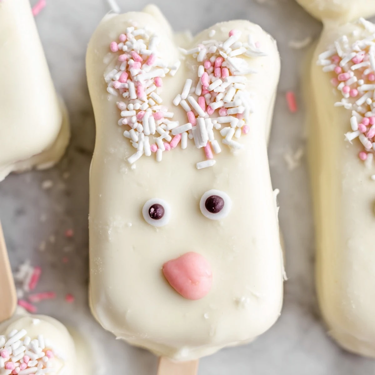Adorable white chocolate bunny cakesicles with candy eyes and pink ears on a festive Easter dessert table.