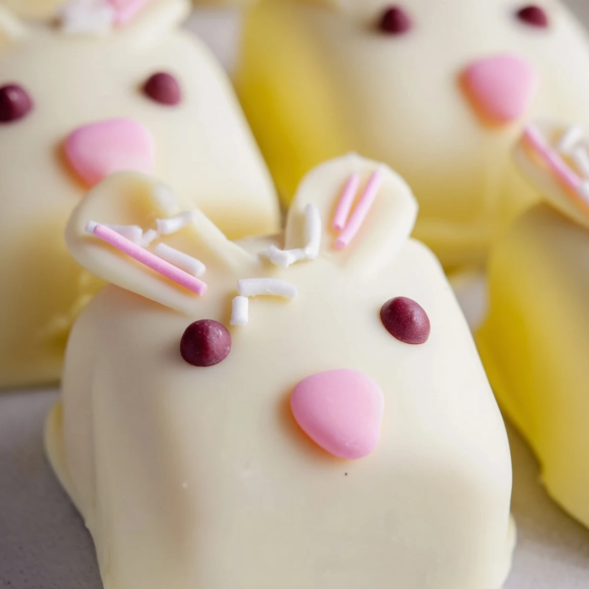 Creamy white chocolate bunny cakesicles dipped and decorated with sprinkles for a sweet springtime celebration treat.