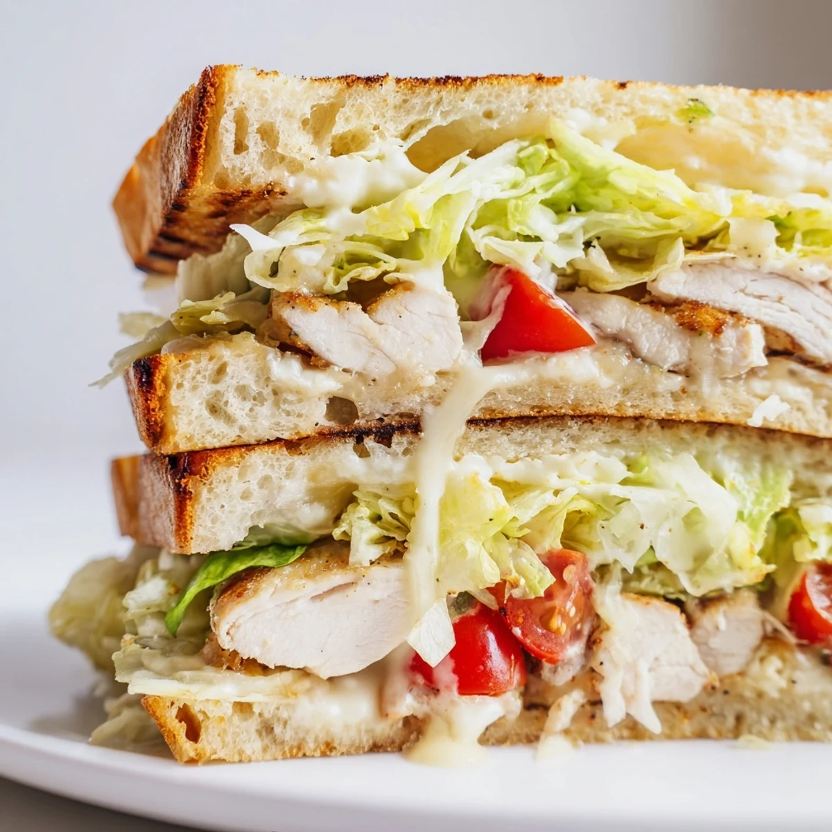 Golden toasted ciabatta chicken Caesar sandwich layered with crisp romaine and shaved Parmesan