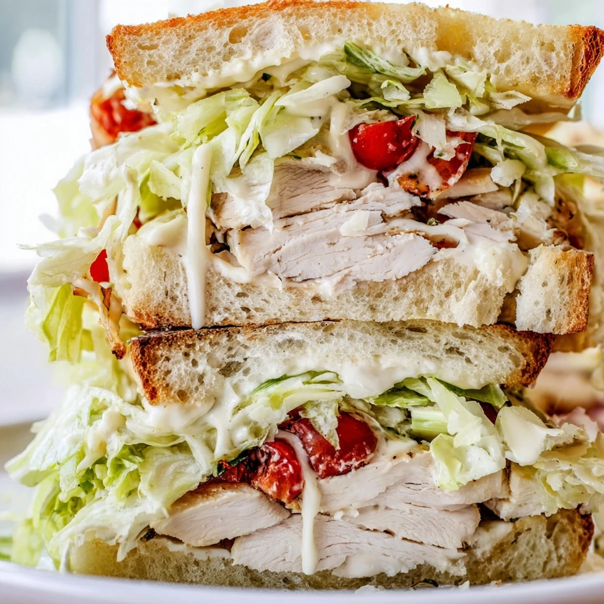 Juicy grilled chicken Caesar sandwich on crusty roll topped with creamy homemade dressing