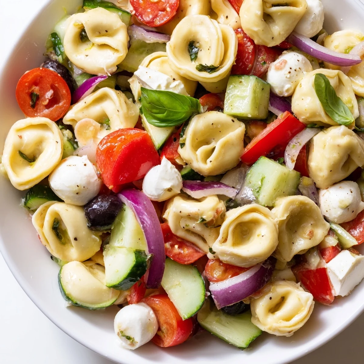 Tortellini Salad tossed with crisp vegetables and mozzarella in a zesty vinaigrette