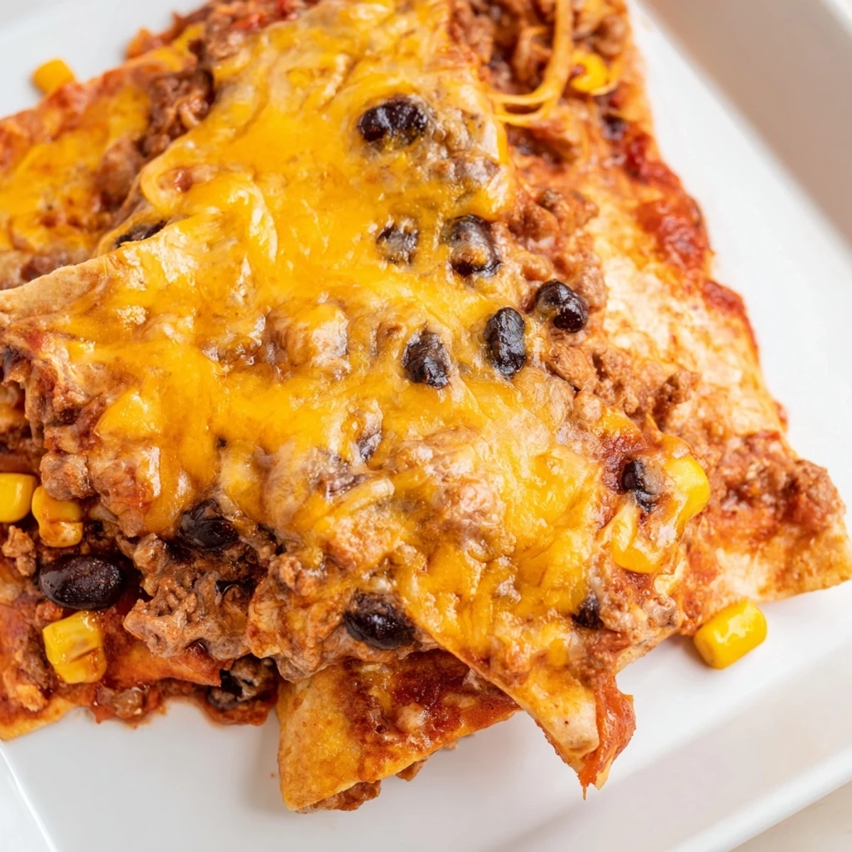 Baked Beef Enchilada Casserole with bubbling golden cheese and seasoned ground beef layers