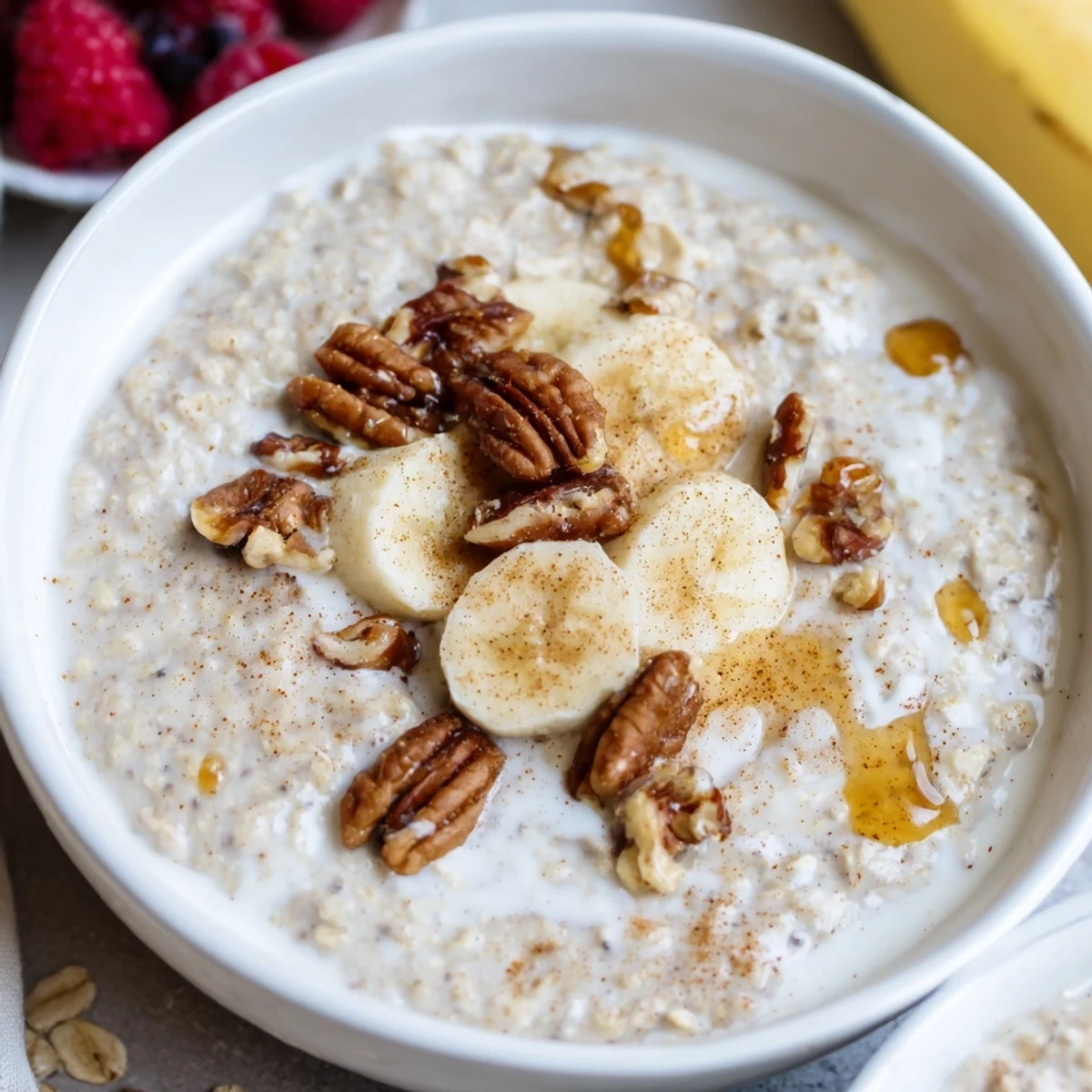 Creamy maple cinnamon pecan overnight oats in a mason jar topped with crunchy nuts and a drizzle of sweet syrup