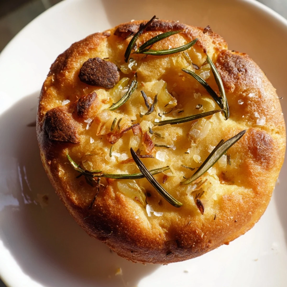 Golden garlic rosemary focaccia muffins with fresh herb garnish on rustic surface