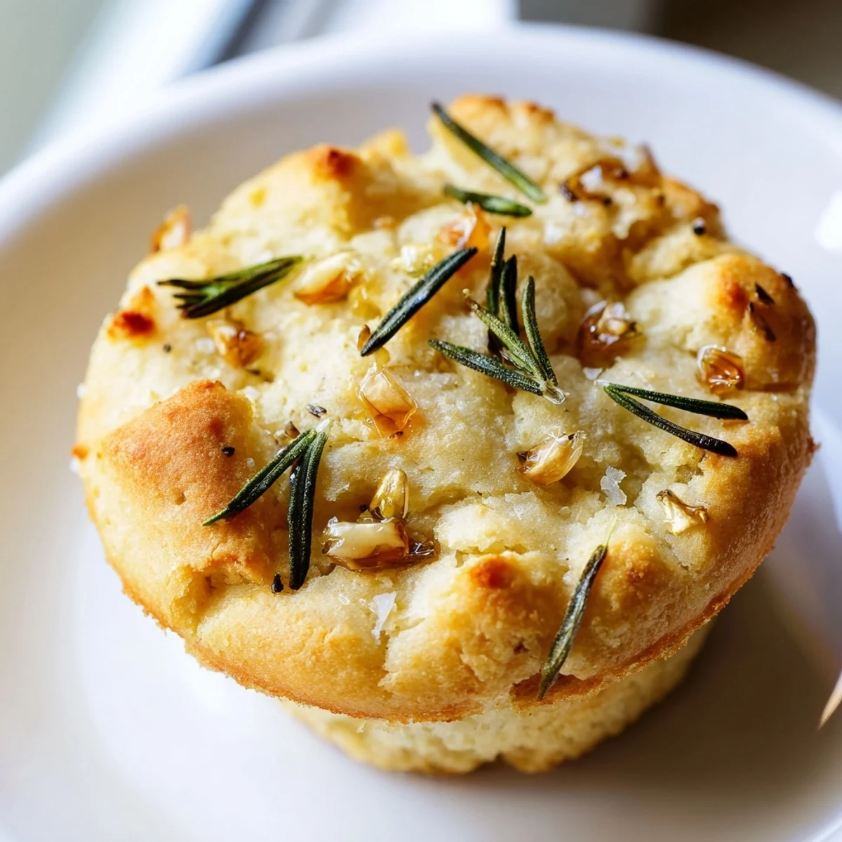 Warm garlic rosemary focaccia muffins drizzled with olive oil and sea salt
