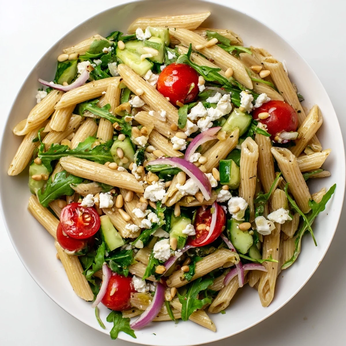 Quick Lemon Arugula Pasta Salad tossed with fresh cherry tomatoes and tangy feta cheese