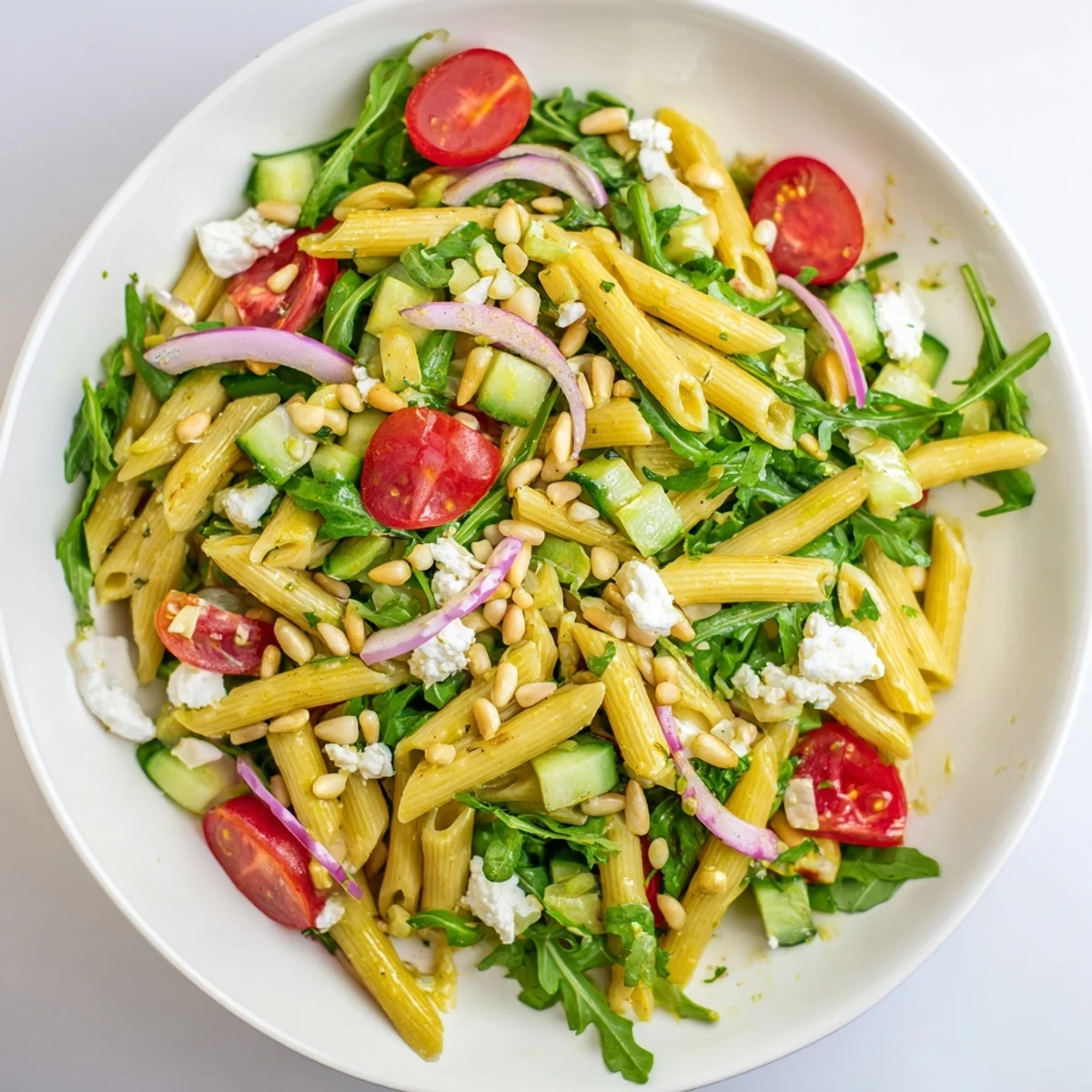 Bright and zesty Quick Lemon Arugula Pasta Salad drizzled with citrus dressing in a serving bowl
