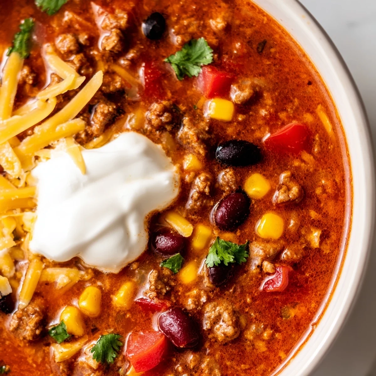 Steaming bowl of Crockpot Ground Beef Taco Soup topped with shredded cheese and cilantro