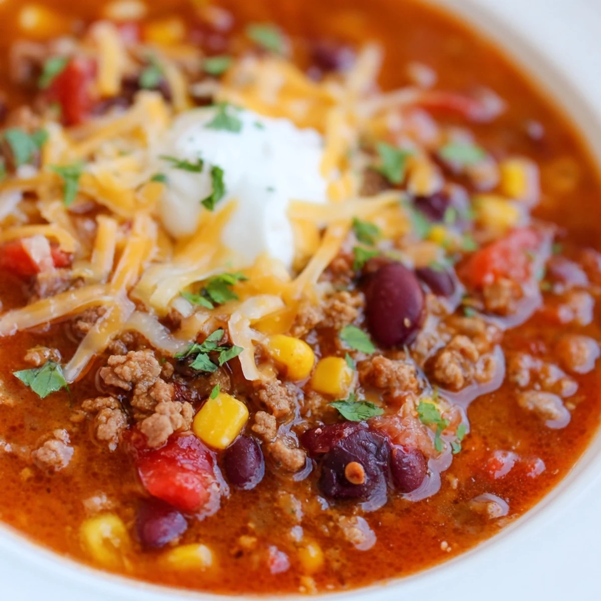 Hearty Crockpot Ground Beef Taco Soup loaded with beans, corn, and tender beef