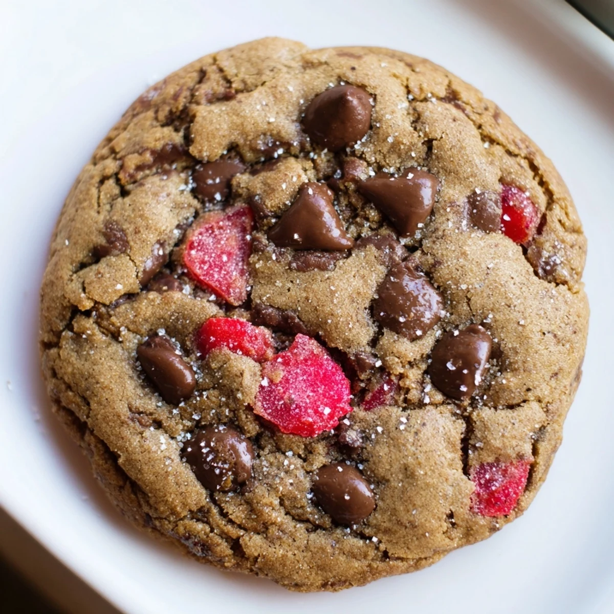Soft maraschino cherry chocolate chip cookies with melted chips and vibrant red fruit pieces scattered throughout