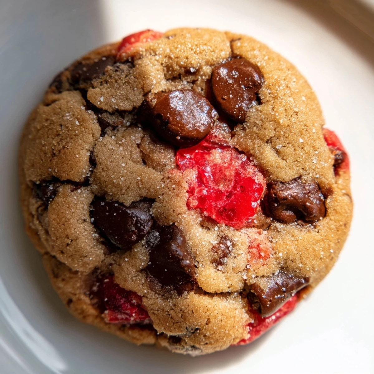 Chewy maraschino cherry chocolate chip cookies fresh from the oven with golden edges and colorful cherry bits