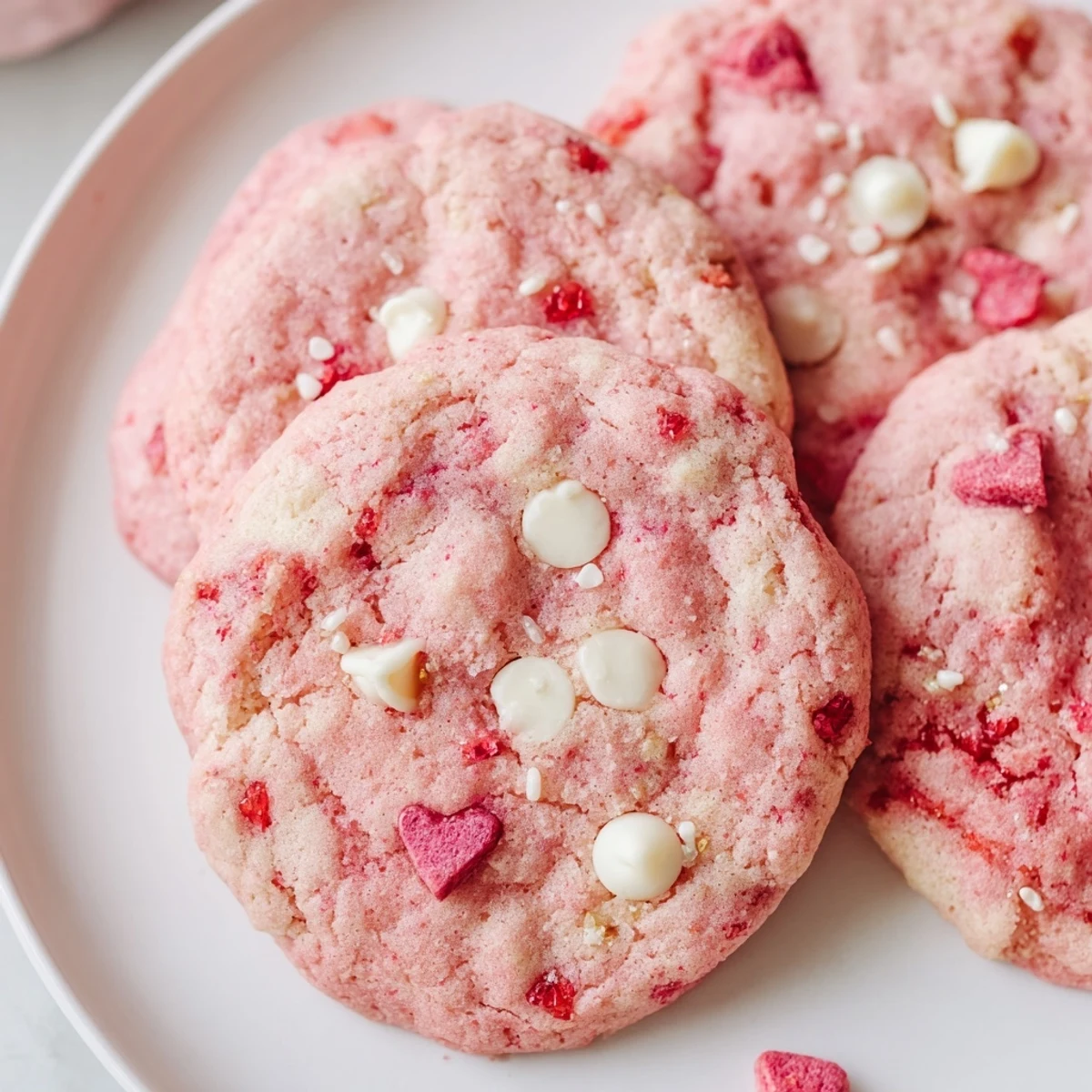 Soft pink Valentine strawberry cookies with white chocolate chips arranged on a rustic baking sheet