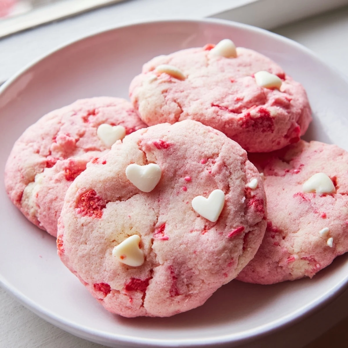 Chewy Valentine strawberry cookies topped with heart-shaped sprinkles on a white ceramic serving plate