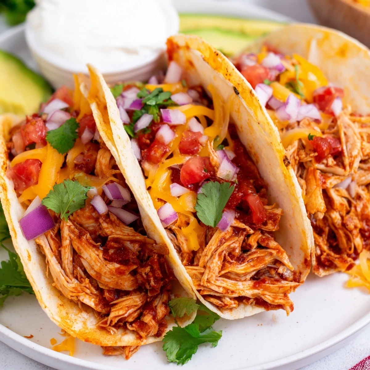 Juicy slow cooker shredded chicken tacos piled high with fresh lettuce, cheese, and creamy avocado slices