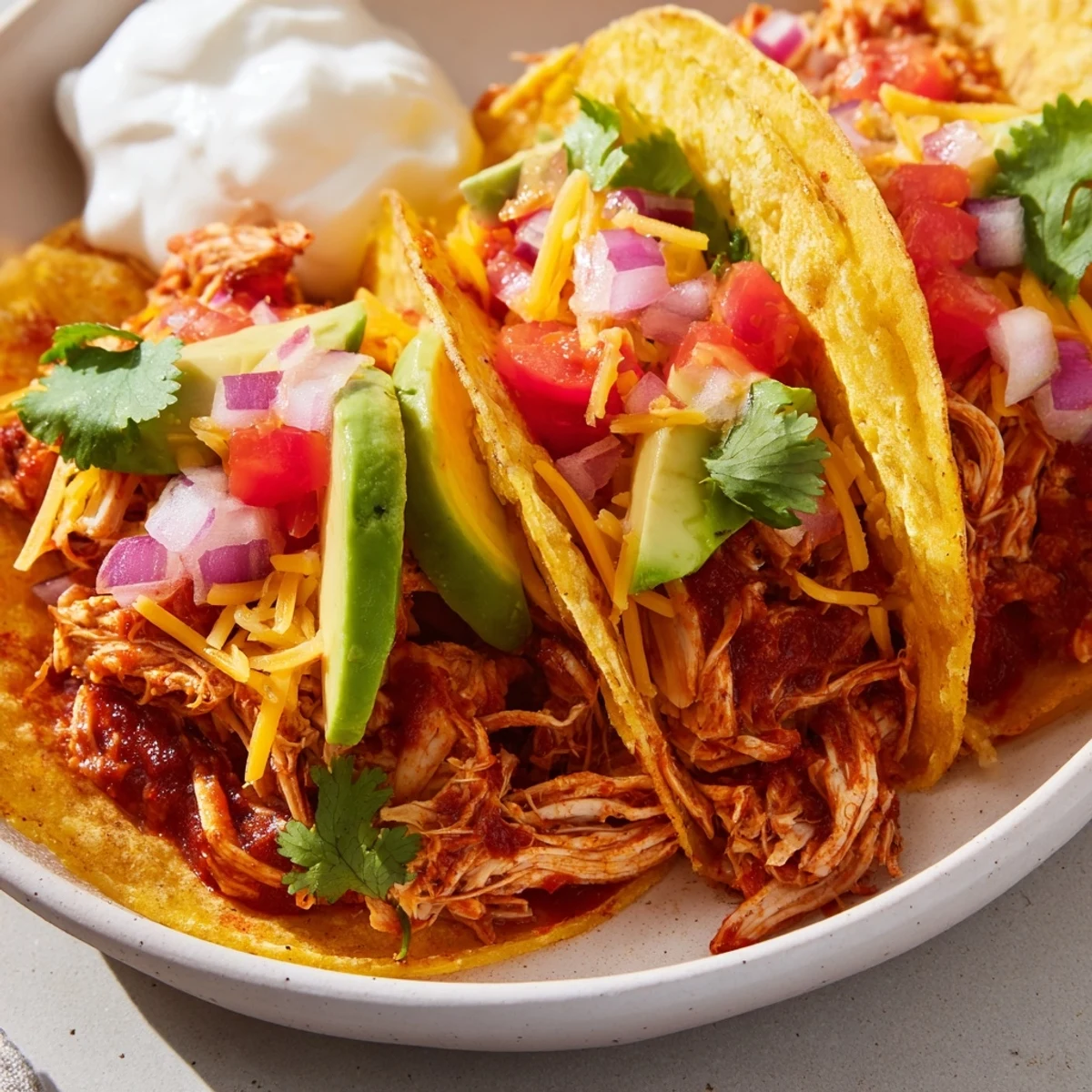 Tender slow cooker shredded chicken tacos topped with zesty salsa, sour cream, and crisp garnishes in warm tortillas