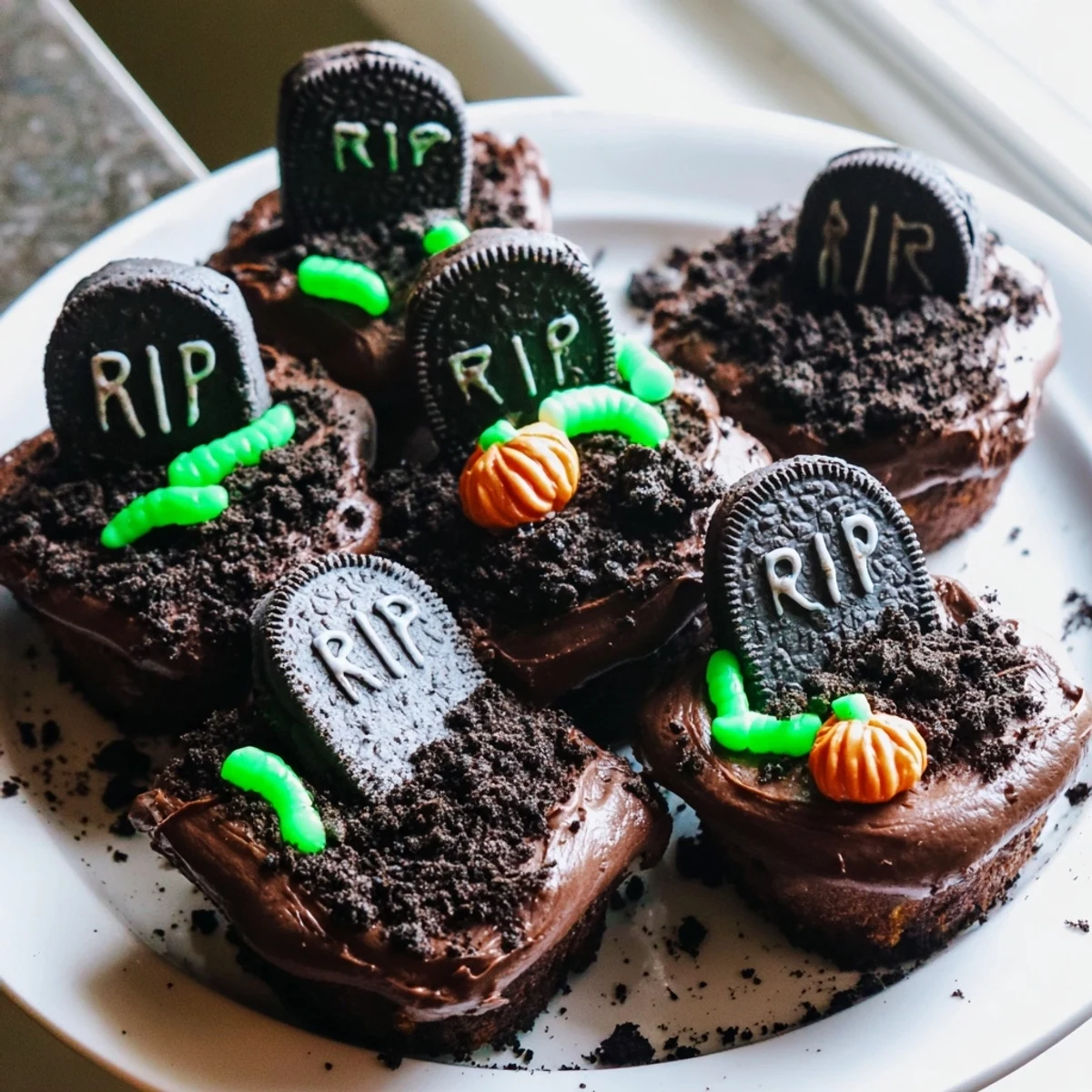 Crushed cookie crumbs and gummy worms decorate these spooky Pull Apart Graveyard Cupcakes on a tray.