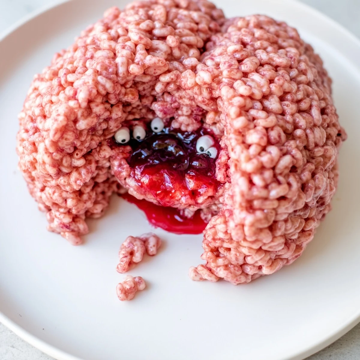 Spooky stuffed crispy rice cereal brain oozing with sweet red berry filling on a Halloween party platter