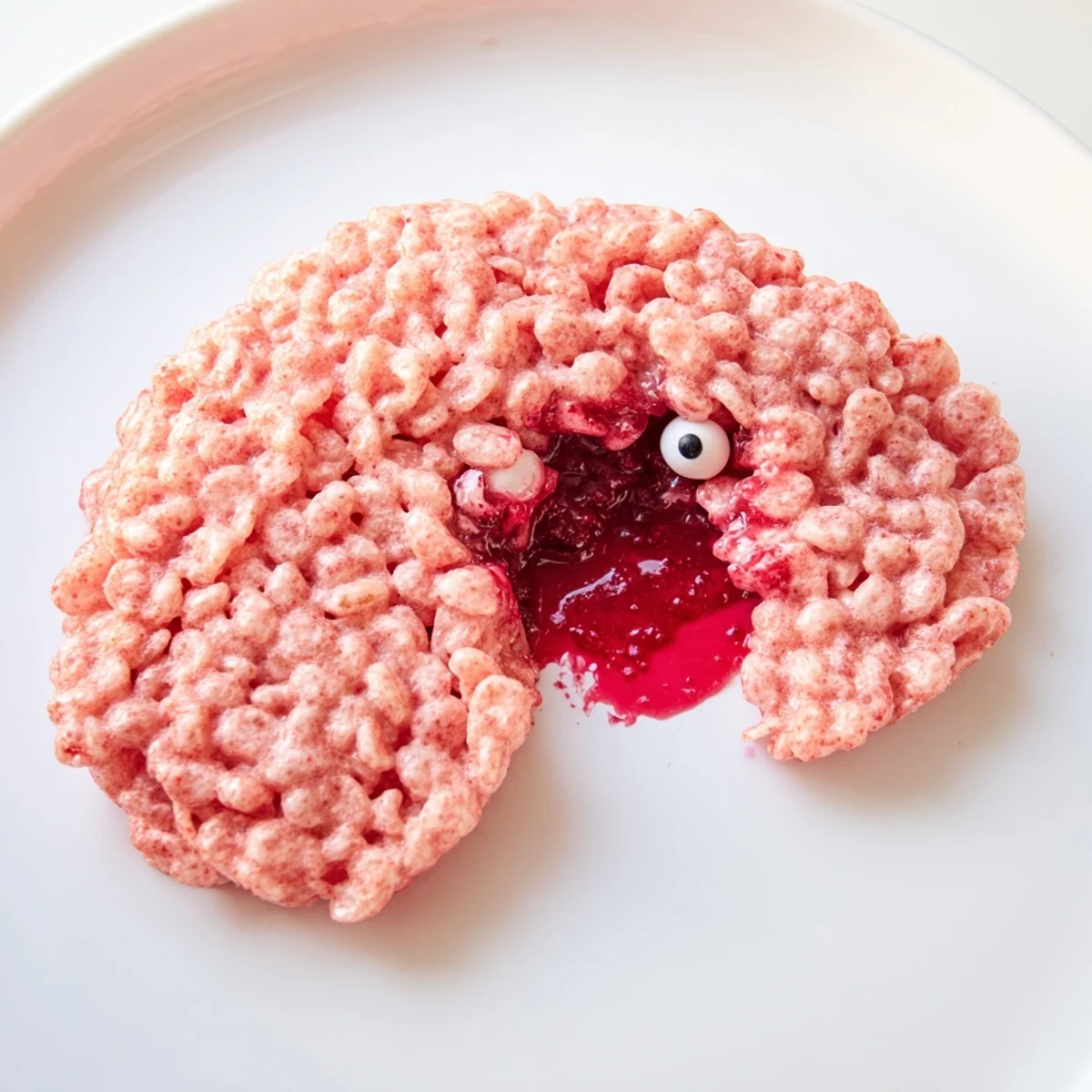 Pink crispy rice cereal brain sliced open revealing gooey raspberry jam center on a dark serving board