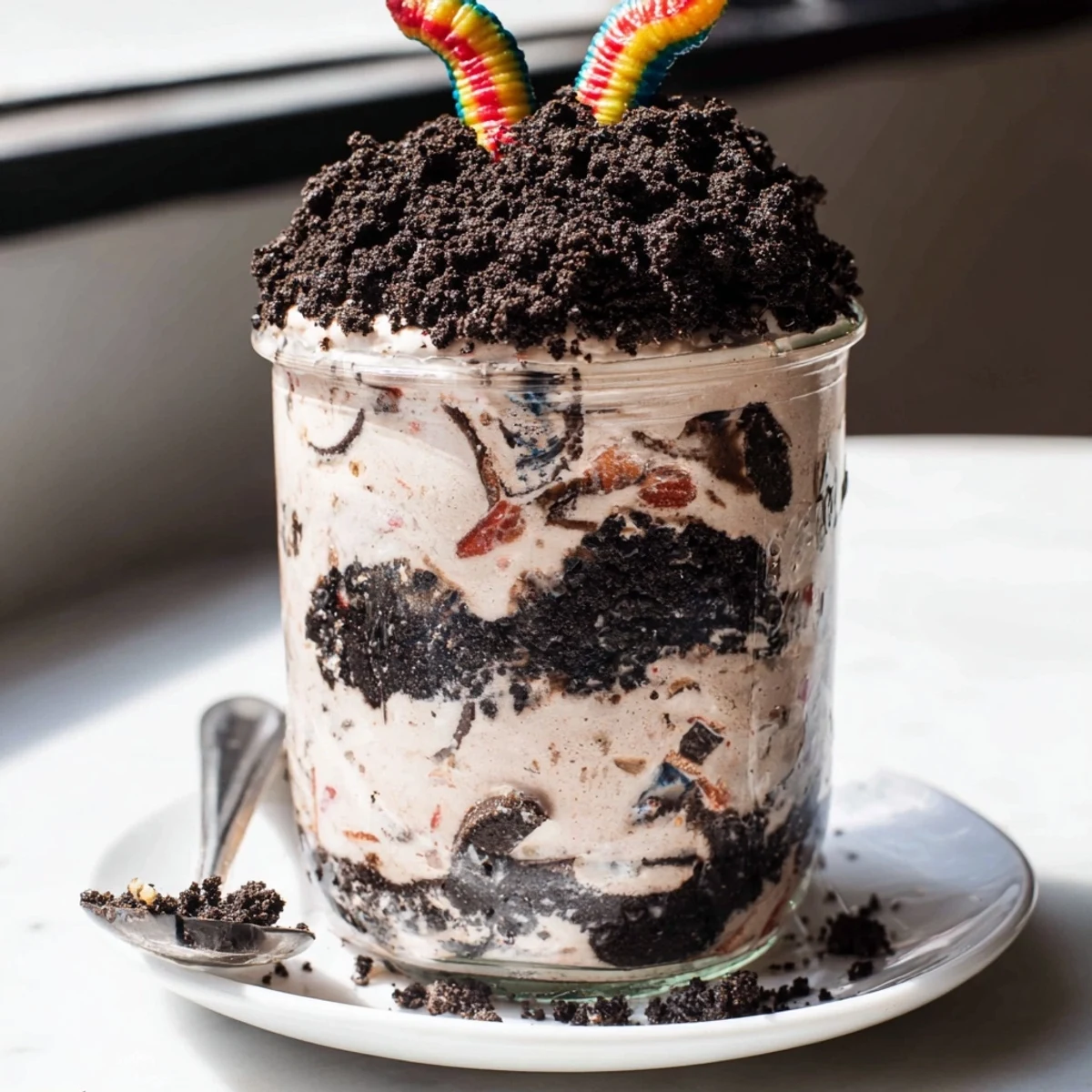 Creamy dirt pudding layered with crushed chocolate cookies and playful gummy worms