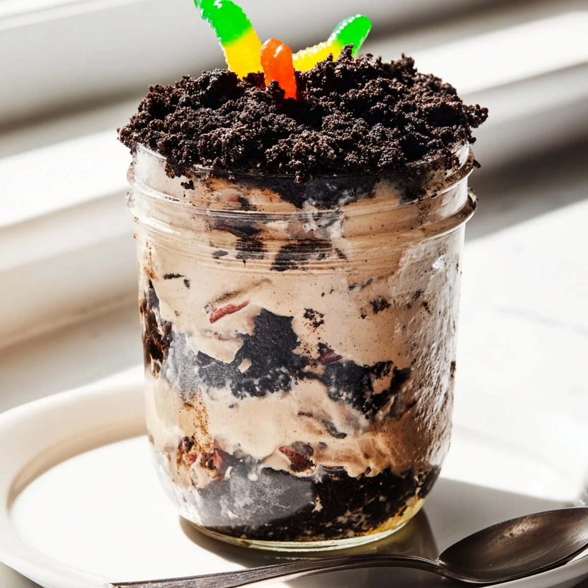 Whimsical dirt pudding featuring velvety pudding layers Oreo crumbs and candy worms