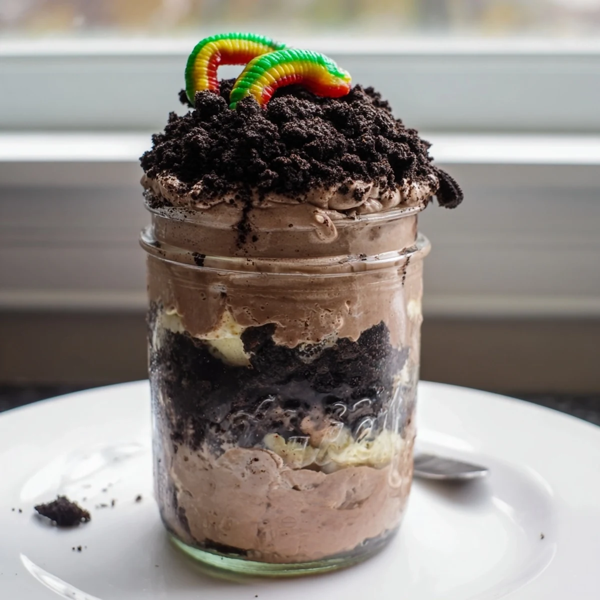 Rich chocolate dirt pudding served in jars topped with cookie crumb soil
