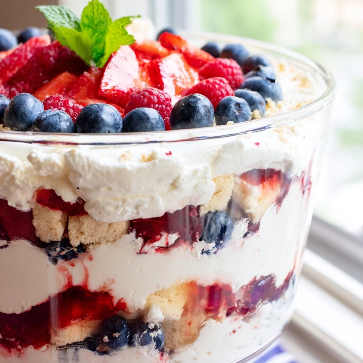 Creamy Red White Blue Mixed Berry Yum Yum layered with fresh strawberries and blueberries in a glass trifle bowl