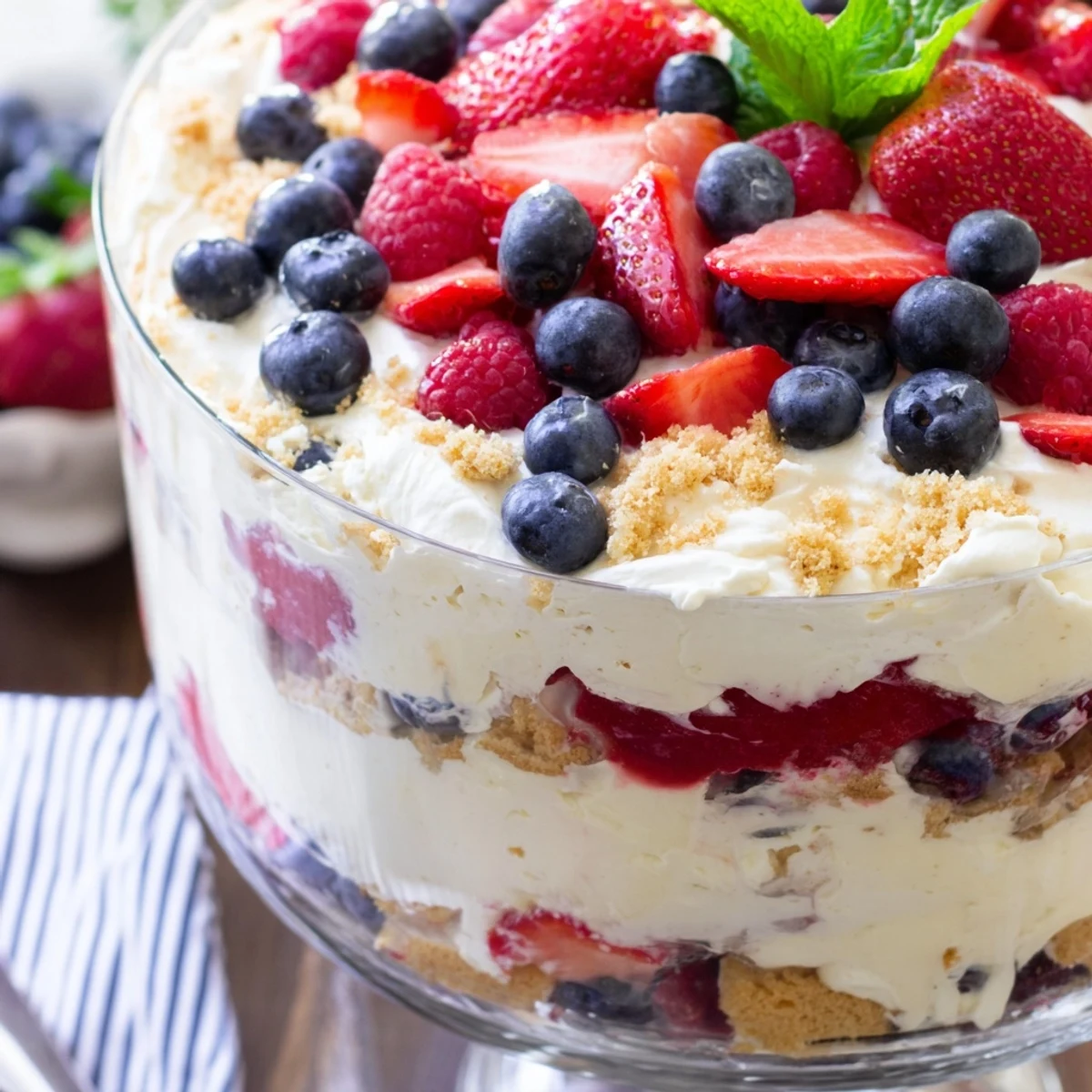 Red White Blue Mixed Berry Yum Yum topped with juicy raspberries and crushed shortbread in individual serving cups