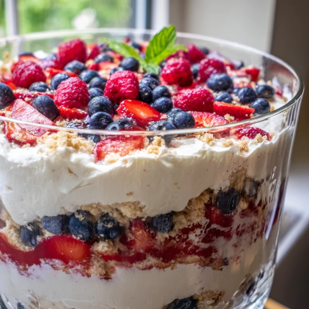 A close-up of Red White Blue Mixed Berry Yum Yum showing pillowy whipped filling studded with vibrant summer berries