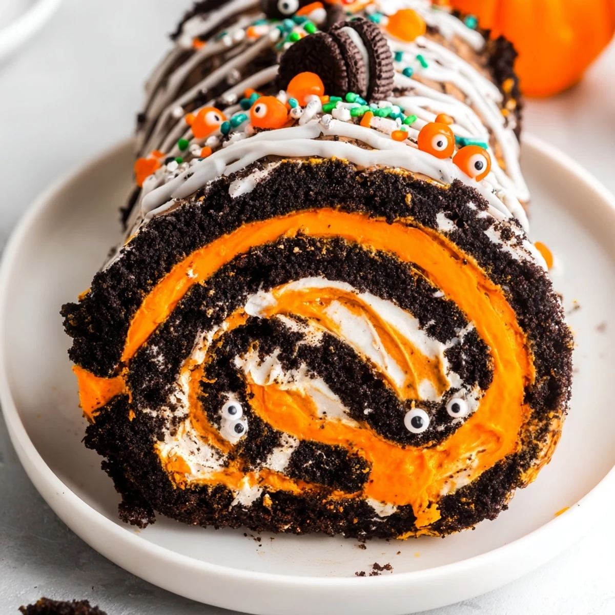 Creamy Halloween Oreo Roll sliced and drizzled with chocolate on a festive platter