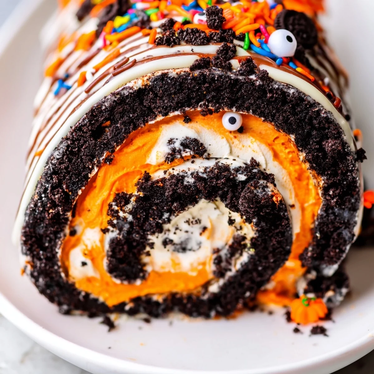 A spooky no-bake Halloween Oreo Roll swirled with orange whipped cream filling