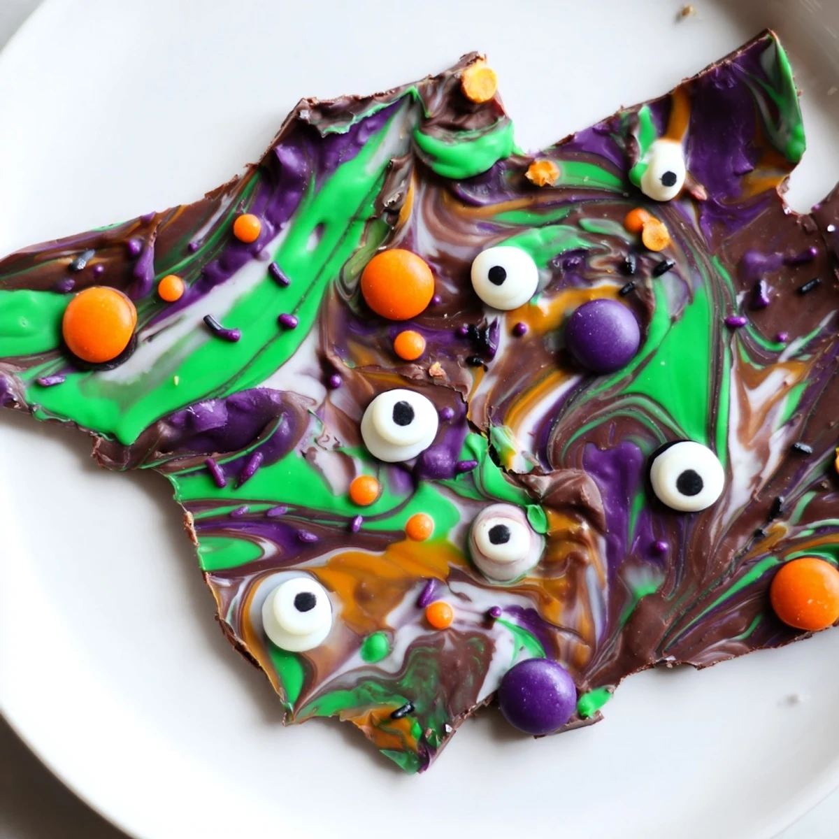 Melting Witches Bark with swirled chocolates, candy eyes, and colorful Halloween sprinkles