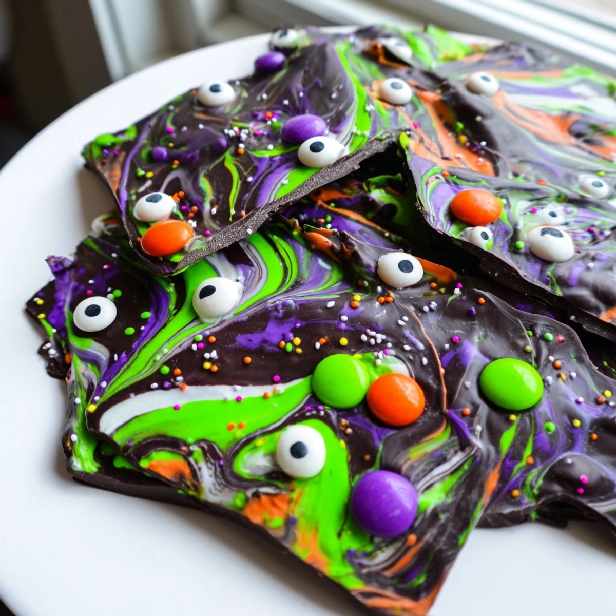Dark and white chocolate Melting Witches Bark topped with spooky candy eyes and sprinkles