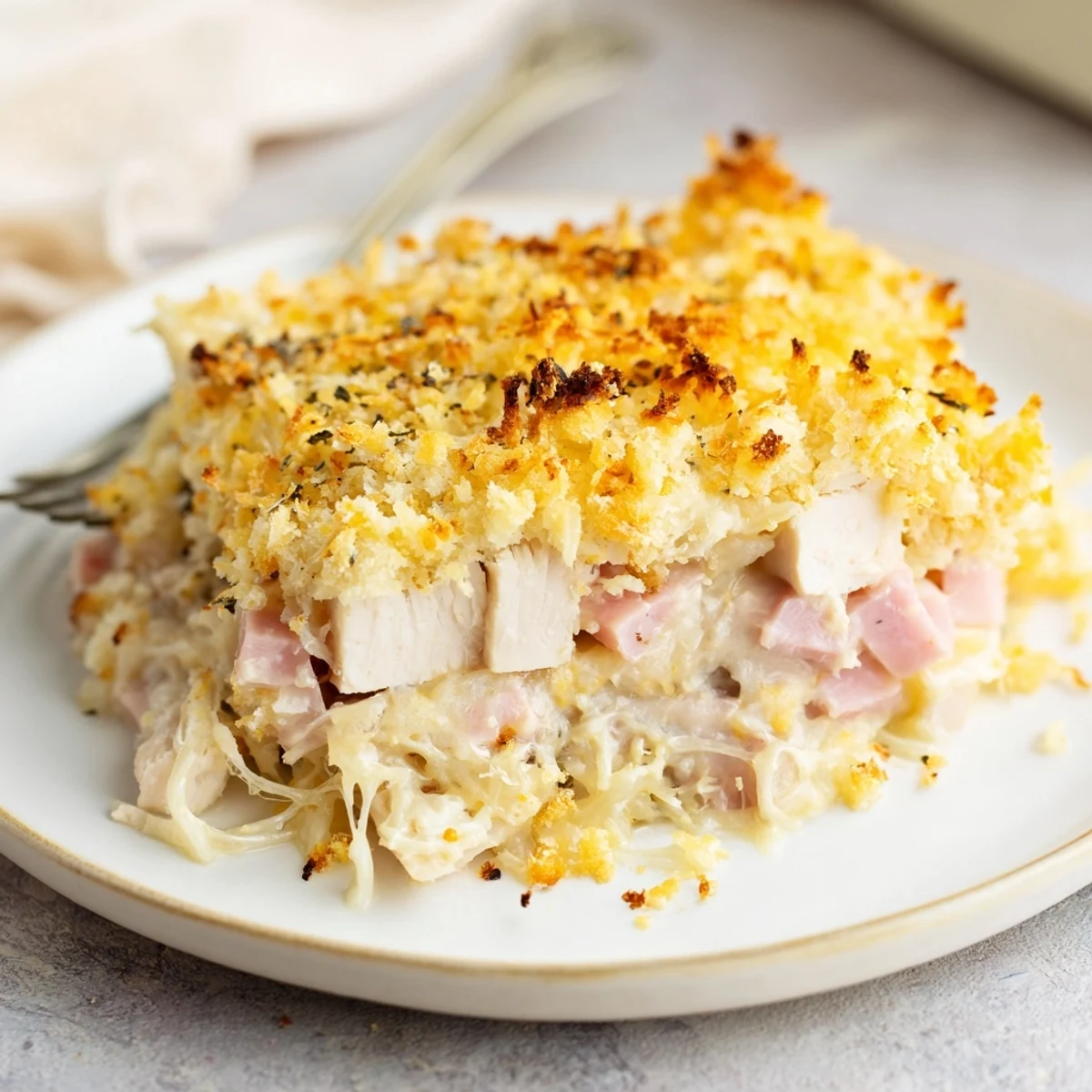 Creamy Chicken Cordon Bleu Casserole Recipe with golden breadcrumb topping, bubbling.