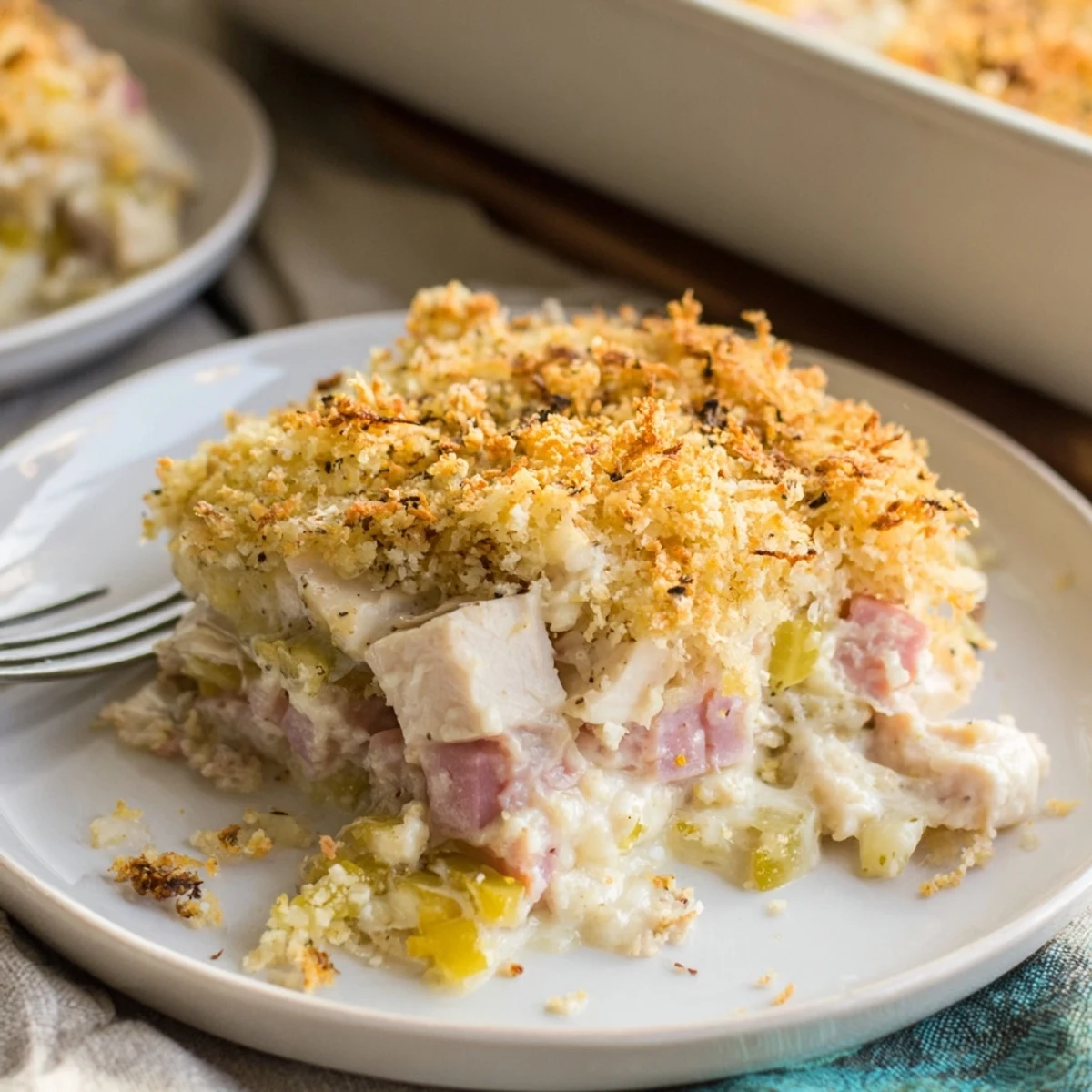 Baked Chicken Cordon Bleu Casserole Recipe steaming, oozing melted Swiss, smoky ham.