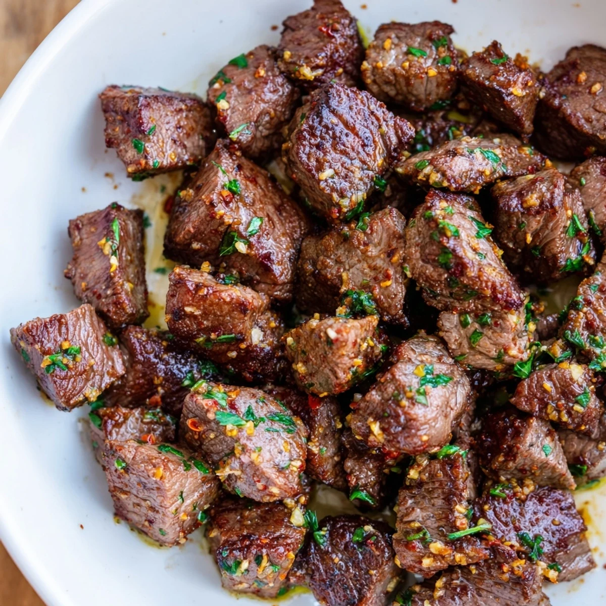 Cowboy Butter Steak Bites sizzling in skillet, glossy herb-garlic butter coating